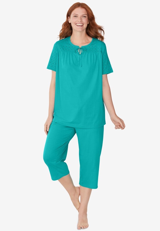 Lace-Trim Cotton Jersey PJ Set, AQUAMARINE, hi-res image number null