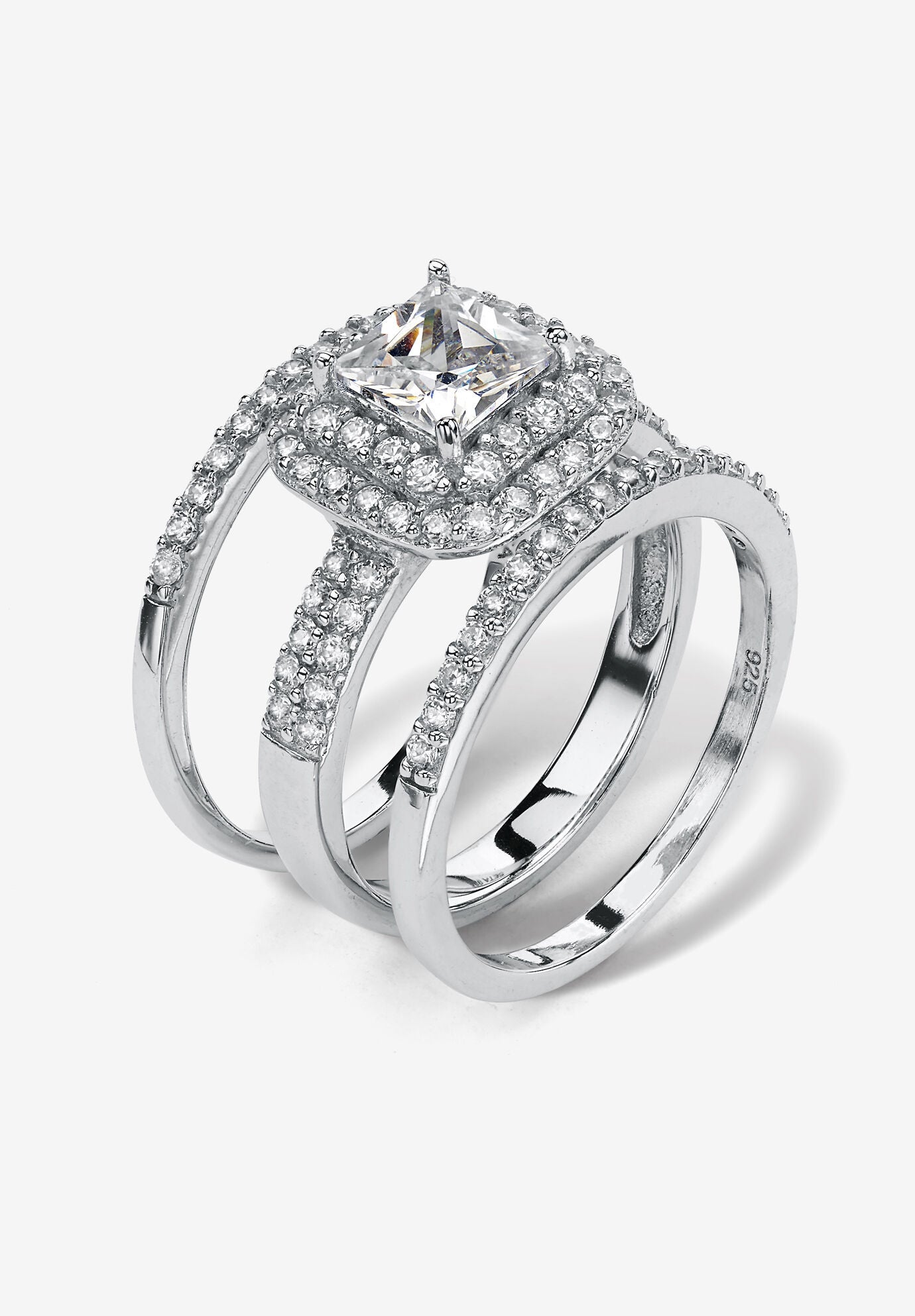 Platinum Over Sterling Silver Cubic Zirconia Halo 3-Piece Bridal Set, , on-hover image number 1