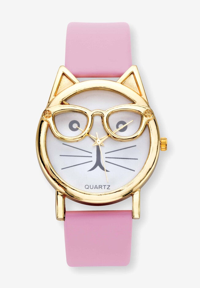 Gold Tone Crystal Bowtie Cat Watch with Adjustable Pink Strap, 8 inches, GOLD, hi-res image number 0