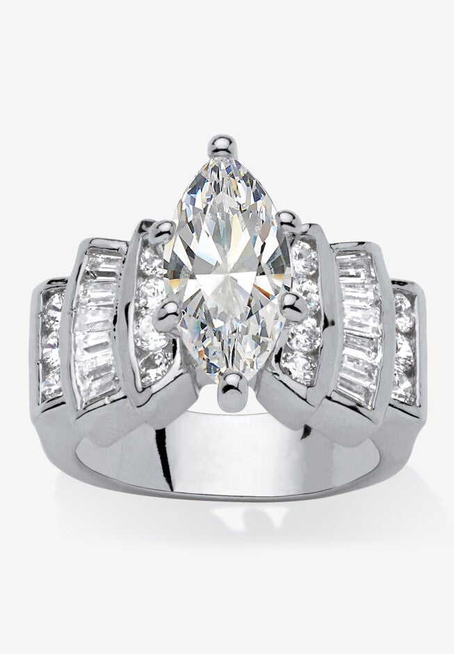 Silver Tone Marquise Cut Engagement Ring Cubic Zirconia, SILVER, hi-res image number null