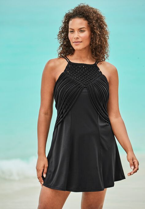 High-Neck Macrame Swim Dress, BLACK, hi-res image number null