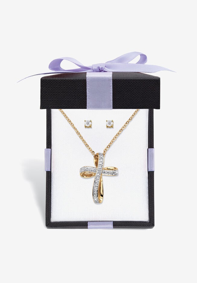 Yellow Gold-Plated Cross Pendant with Genuine Diamond Accent on 18 inches Chain, DIAMOND, hi-res image number null
