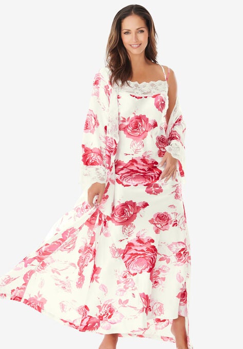 The Luxe Satin Long Peignoir Set, IVORY ROSES, hi-res image number null