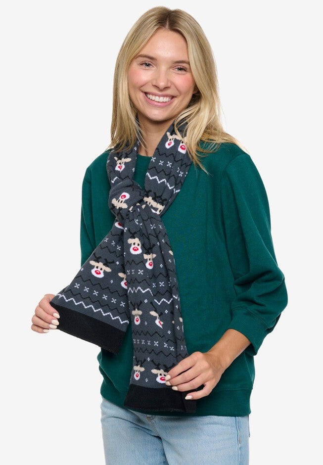 Womens Christmas Reindeer Knit Scarf 70 inches Fair Isle Double Sided Print, RED, alternate image number 3