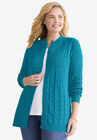 Cotton Cable Knit Cardigan Sweater, TURQ BLUE, hi-res image number null