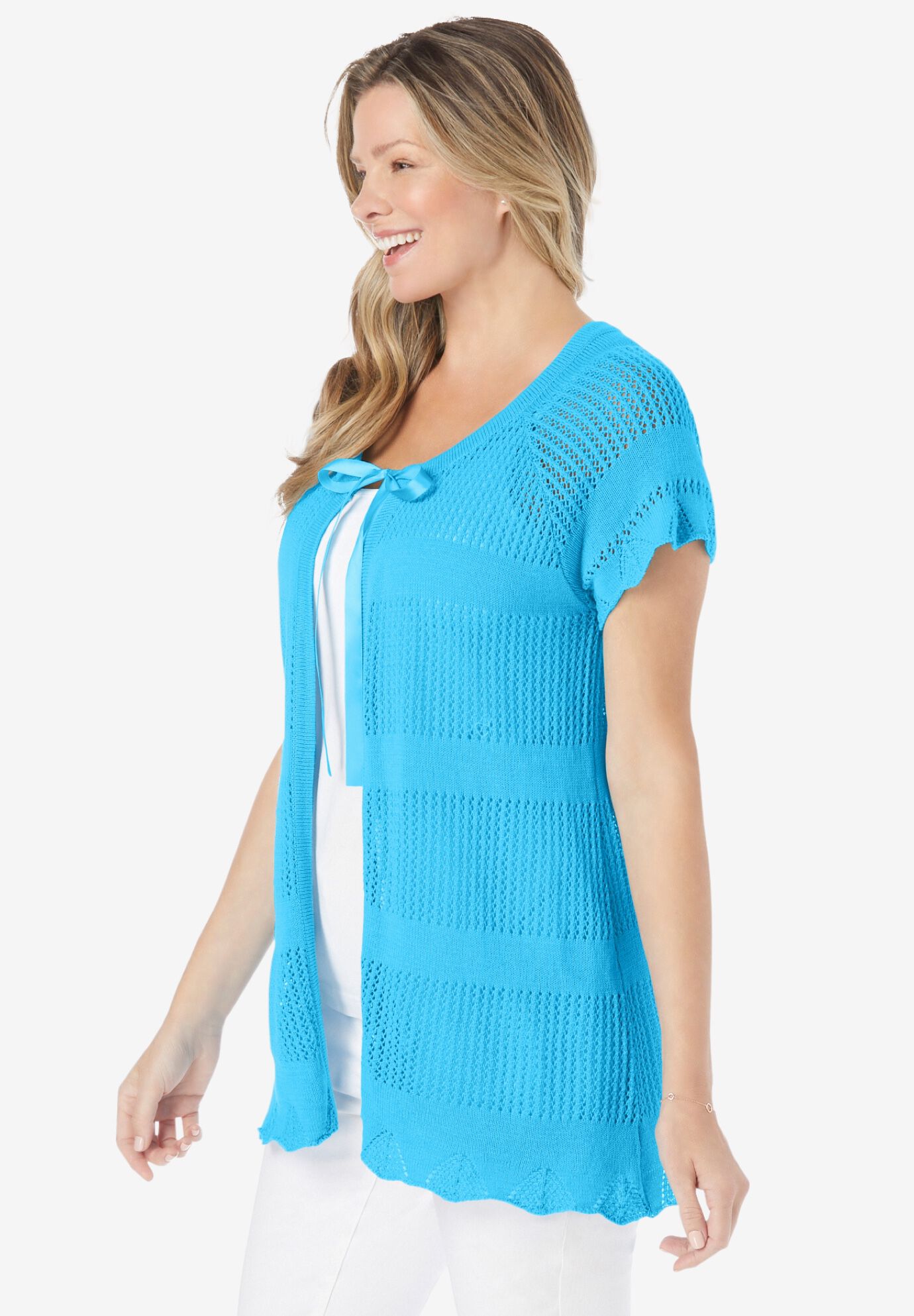 Tie-Neck Pointelle Cardigan Sweater, PARADISE BLUE, alternate image number 2