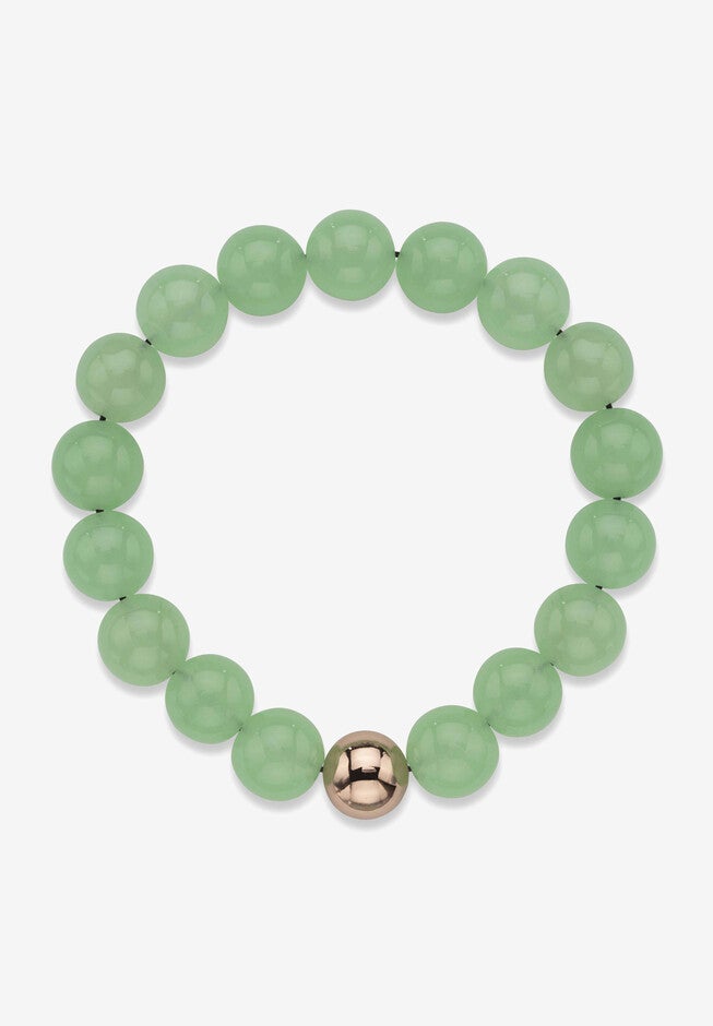 Yellow Gold Stretch Bracelet with Beaded Genuine Green Jade, 7 inches, , on-hover image number null
