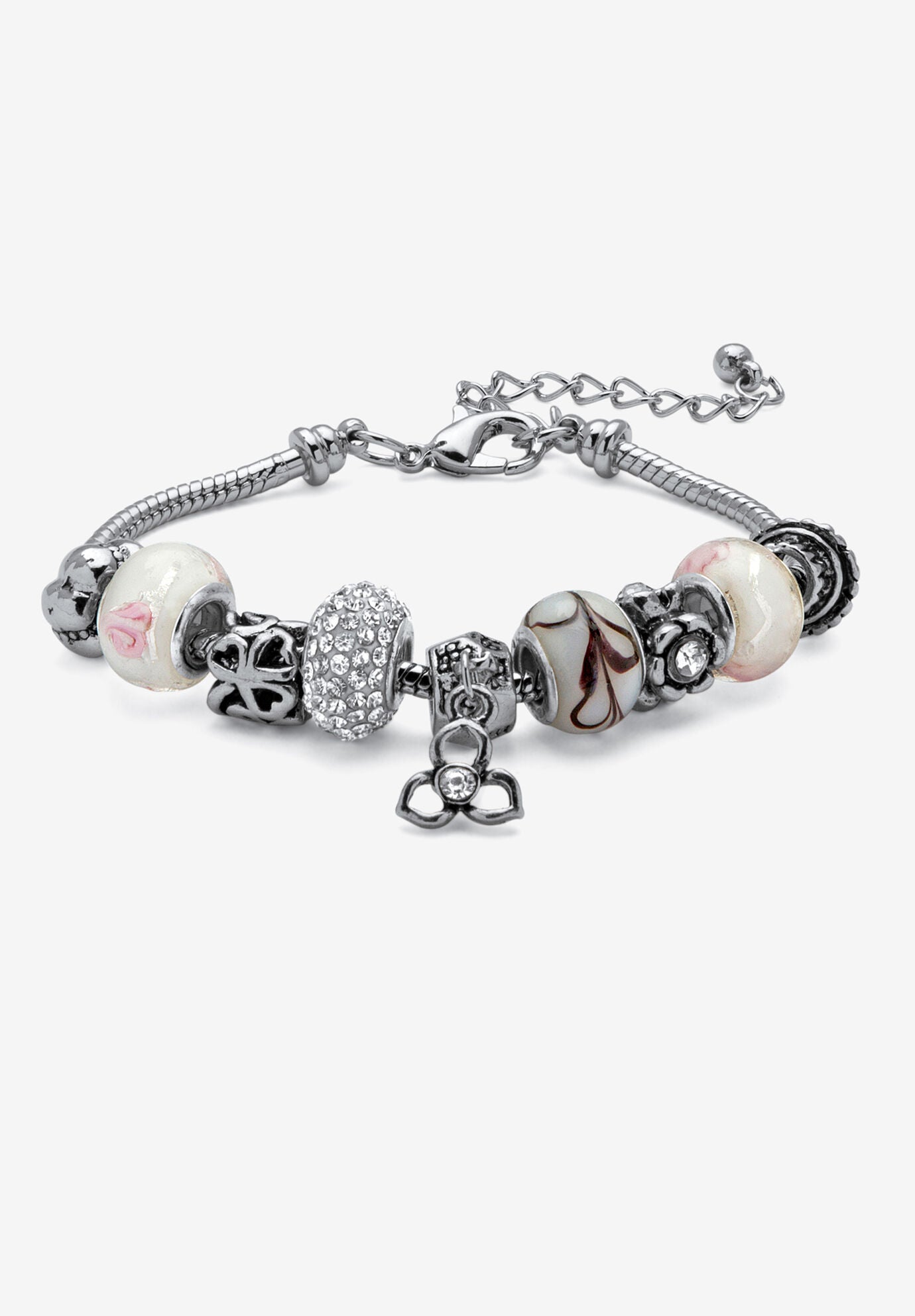 Bali Style Red Crystal Charm 8 inches Bracelet in Silvertone, APRIL, hi-res image number 0