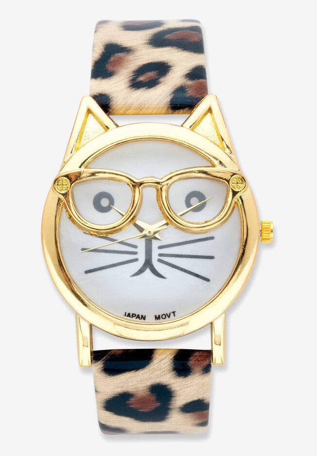 Gold Tone Leopard Print Cat Watch, 7.5 inches plus Extender, GOLD, hi-res image number 0