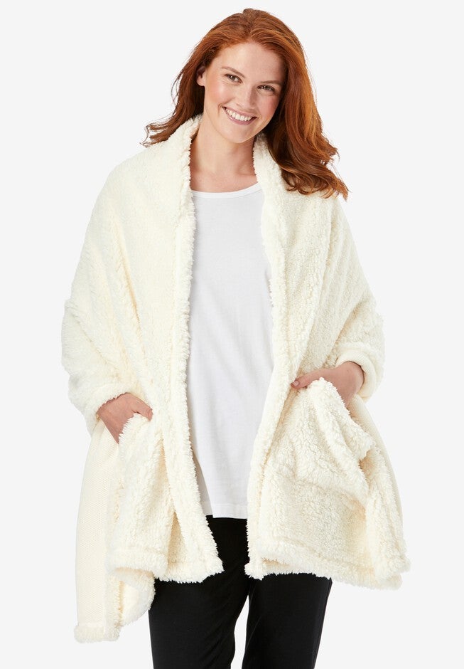 Drape-Over Sherpa Wrap , IVORY, hi-res image number 0