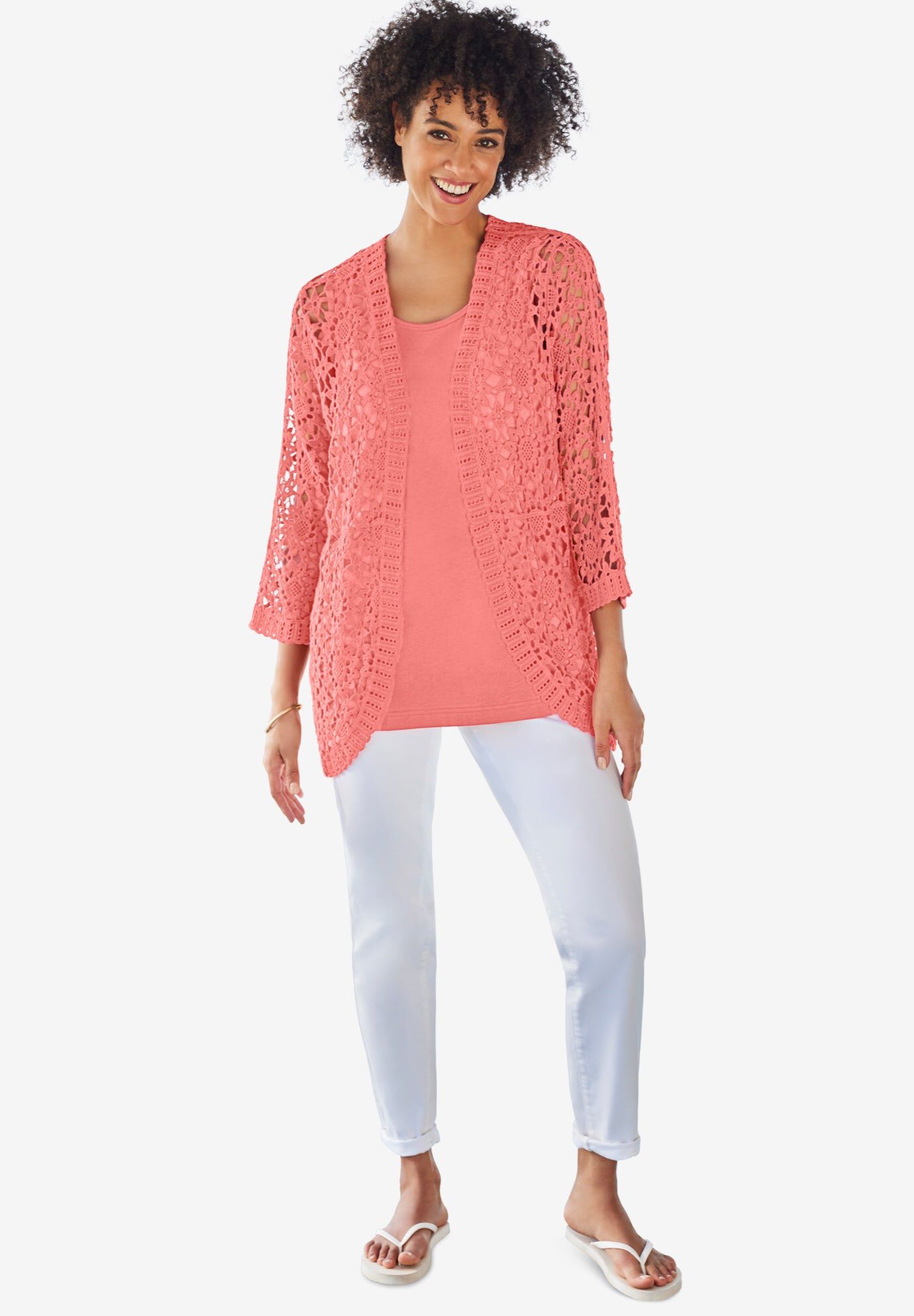 Crochet Curved-Hem Cardigan Sweater