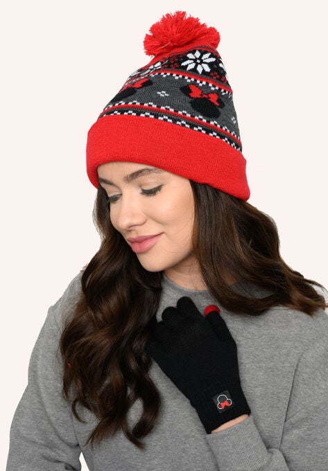 Disney Adult Minnie Mouse Knit Beanie Hat & Texting Gloves Red Gray 2-Pc Set, , alternate image number null