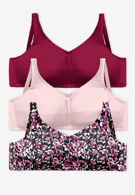 3-Pack Front-Close Cotton Wireless Bra, POMEGRANATE ASSORTED, hi-res image number null