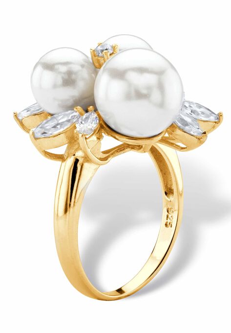 Yellow Gold over Sterling Silver Pearl and Cubic Zirconia Ring, , on-hover image number null