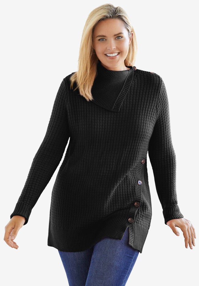 Button-Neck Waffle Knit Sweater, BLACK, hi-res image number null