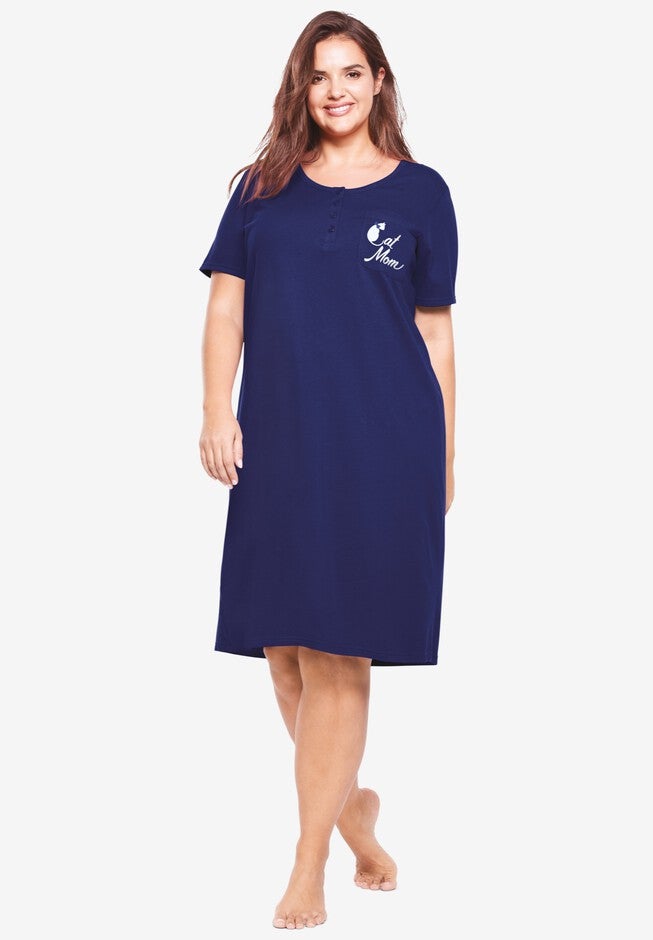 Cotton Sleepshirt , EVENING BLUE CAT MOM, hi-res image number null