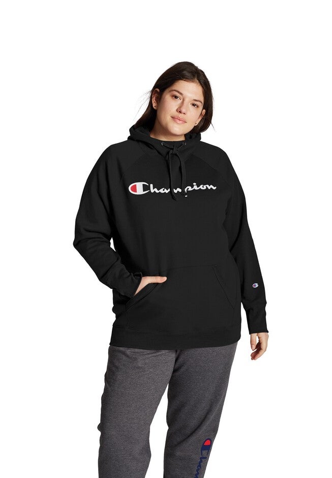 Champion Women's Plus Powerblend® Fleece Hoodie, Script Logo, BLACK, hi-res image number 0