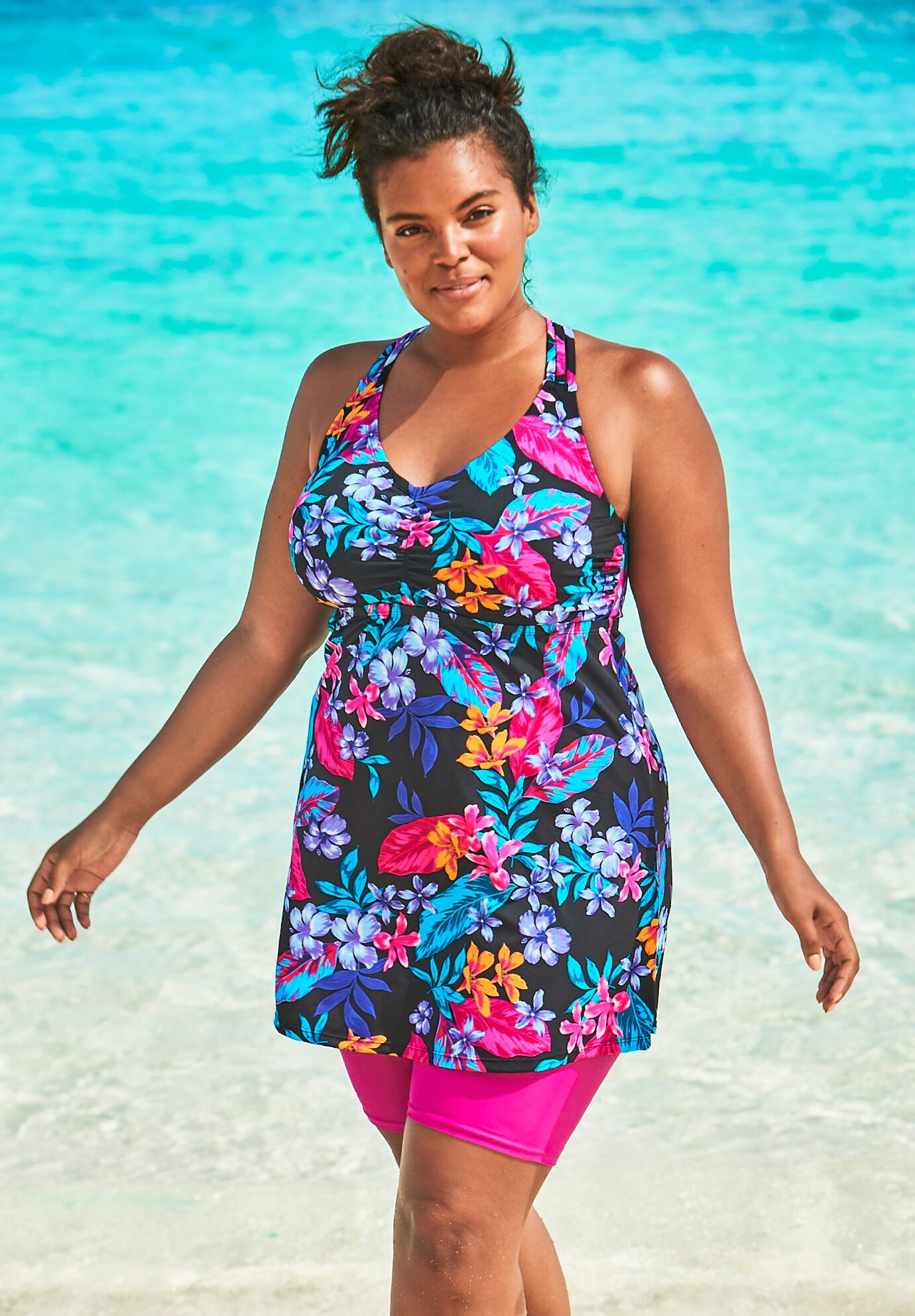 Longer Length Braided Tankini Top, BLACK PARADISE FLORAL, alternate image number 3