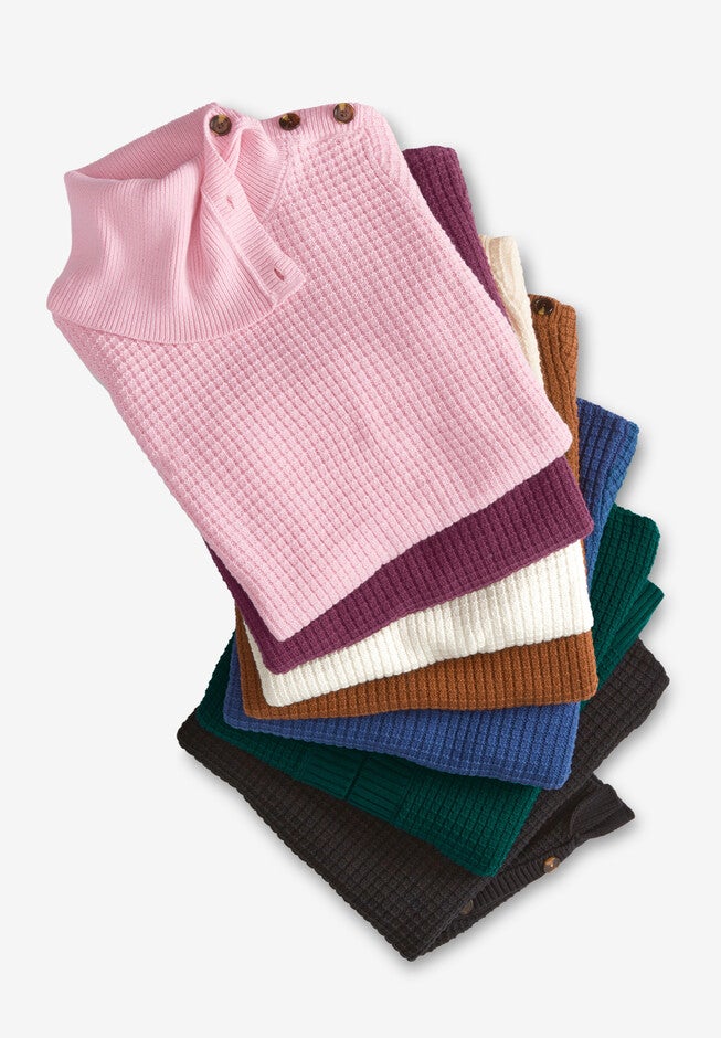 Button-Neck Waffle Knit Sweater, , alternate image number null