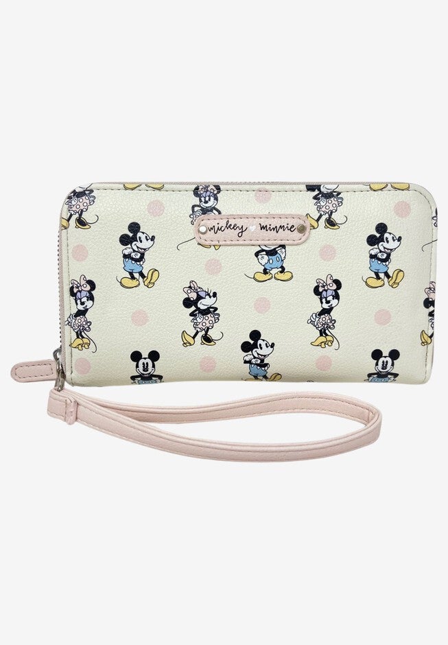 Disney Minnie Mouse Wallet All-Over Print Zip Around Pastel Wristlet Strap, BEIGE, hi-res image number null