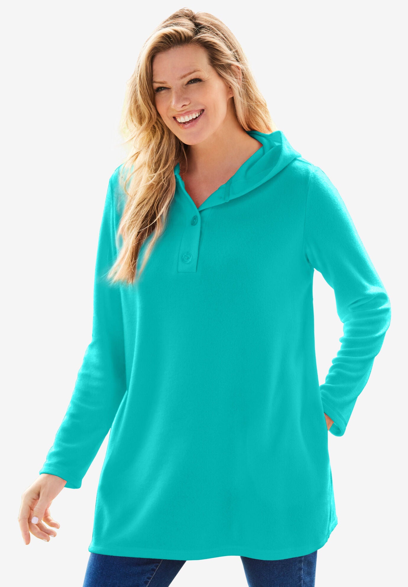 Button-Front Henley Tunic with Hood, AQUAMARINE, hi-res image number 0