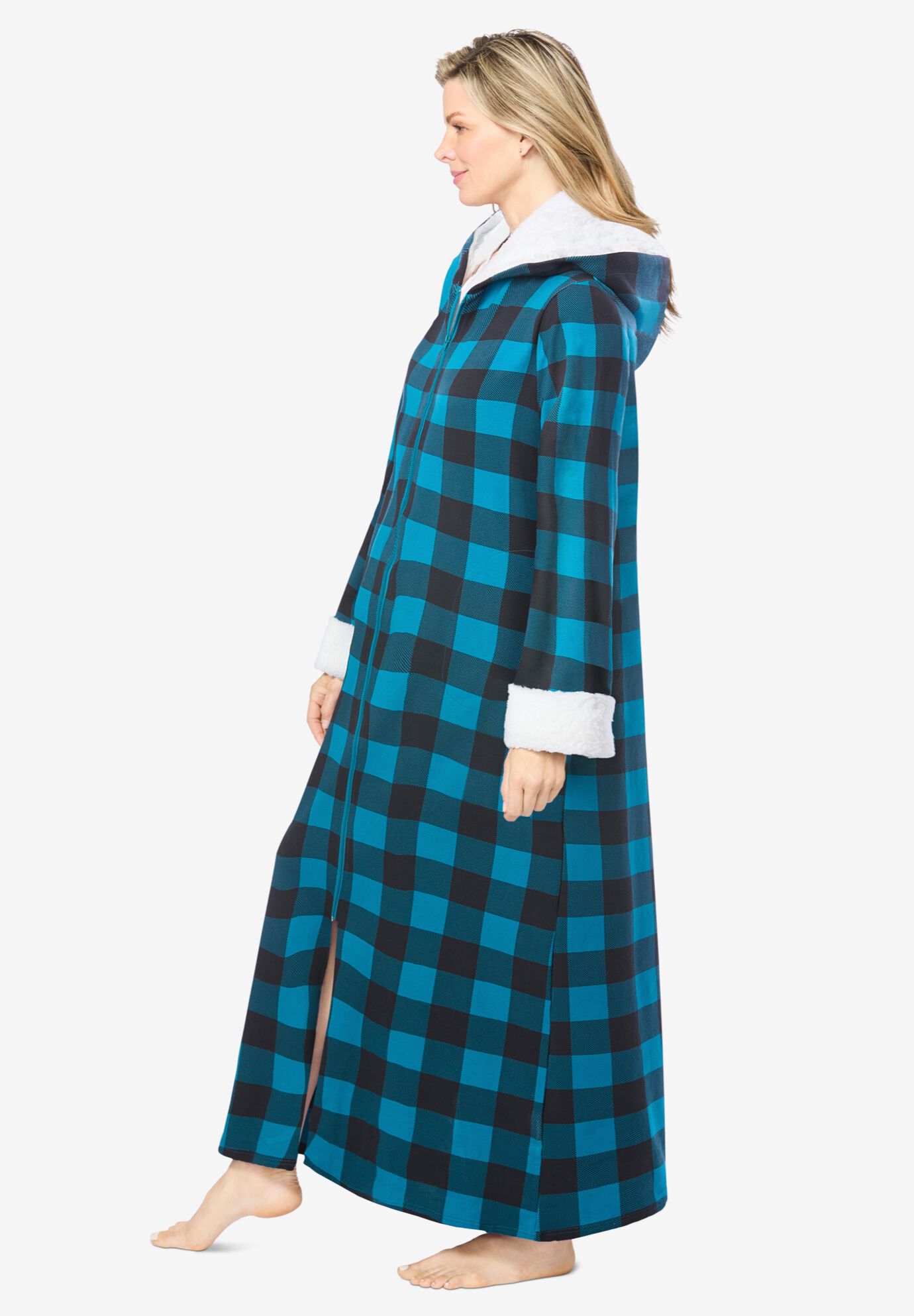Sherpa-Lined Long Hooded Robe, DARK TURQ BUFFALO, alternate image number 2
