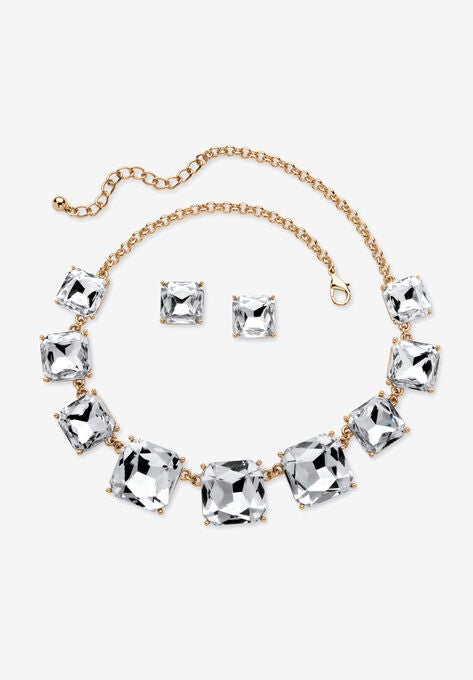 Gold Tone Necklace and Earring Set, Princess Cut Simulated Birthstones, APRIL, hi-res image number null