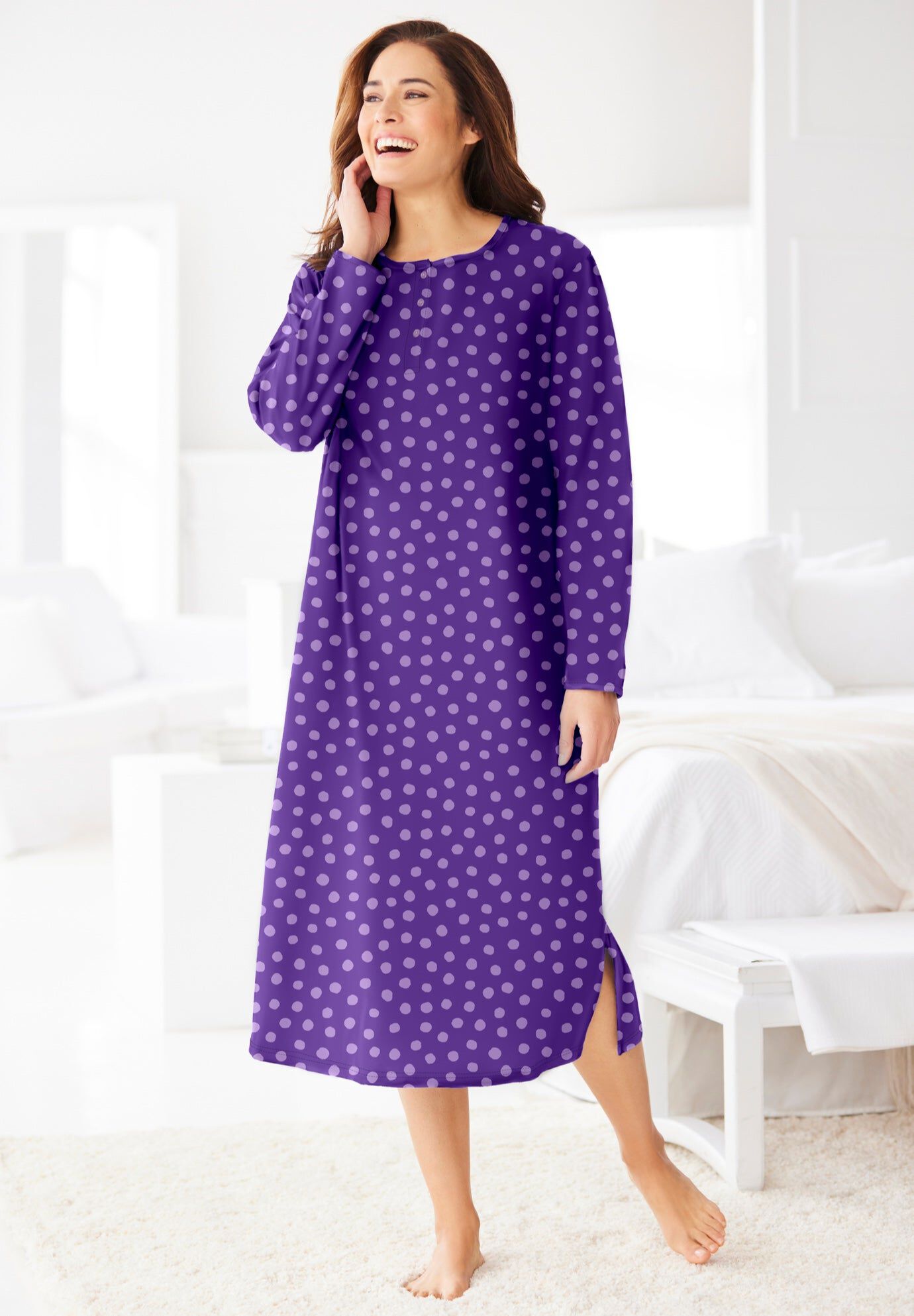 Long-Sleeve Henley Print Sleepshirt, PLUM BURST DOT, hi-res image number 0