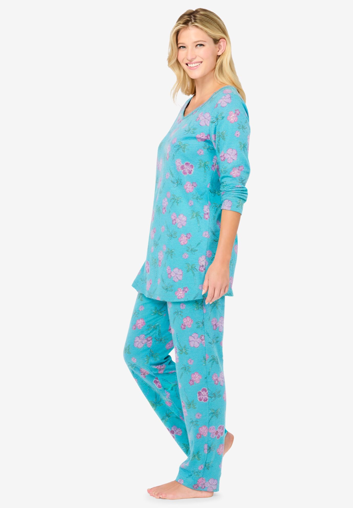 Three-Quarter Sleeve Pajama Set, CARIBBEAN BLUE HIBISCUS, alternate image number 2