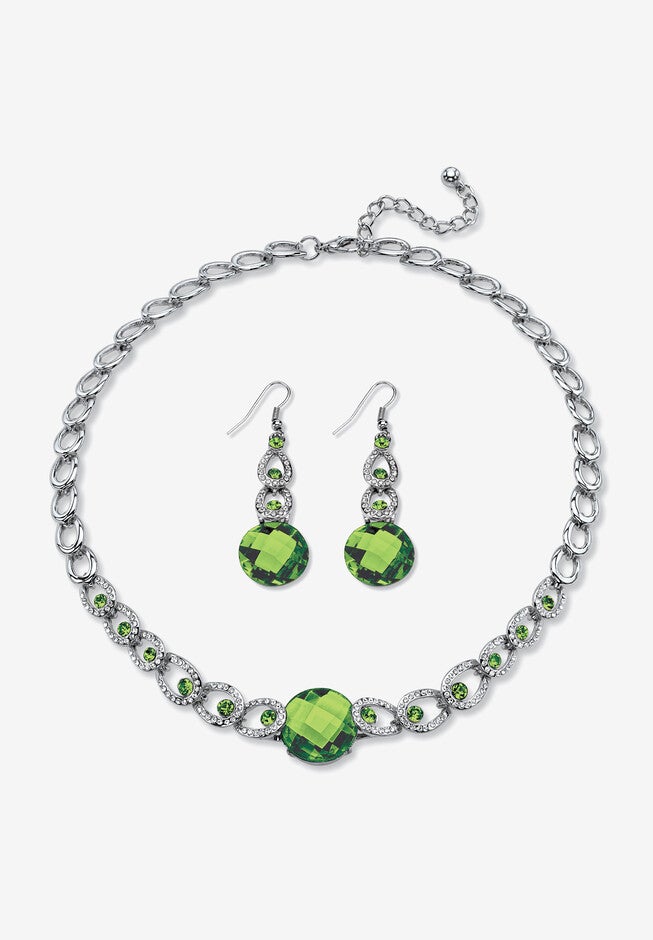 Silver Tone Collar Necklace and Earring Set, Simulated Birthstone, AUGUST, hi-res image number 0