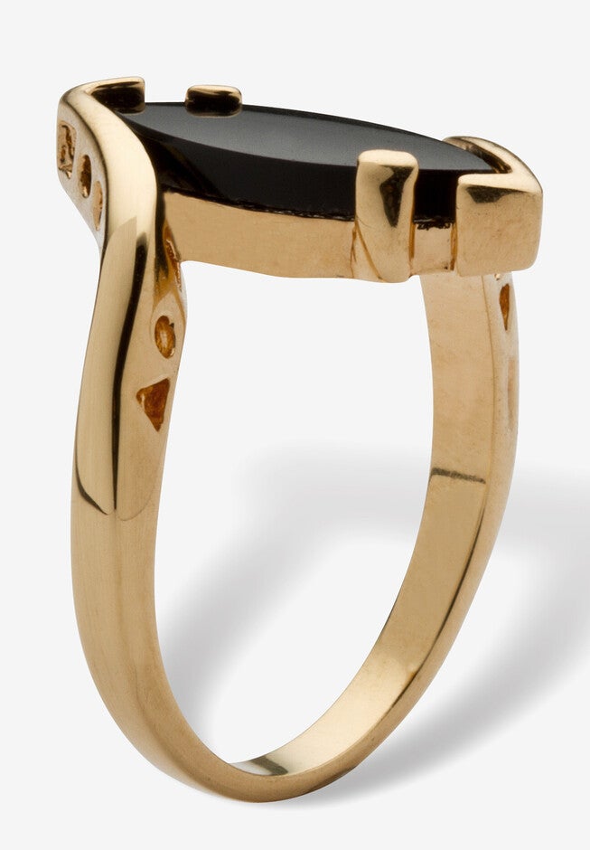 18k Yellow Gold-Plated Natural Black Onyx Marquise Shaped Bypass Ring, , on-hover image number 1