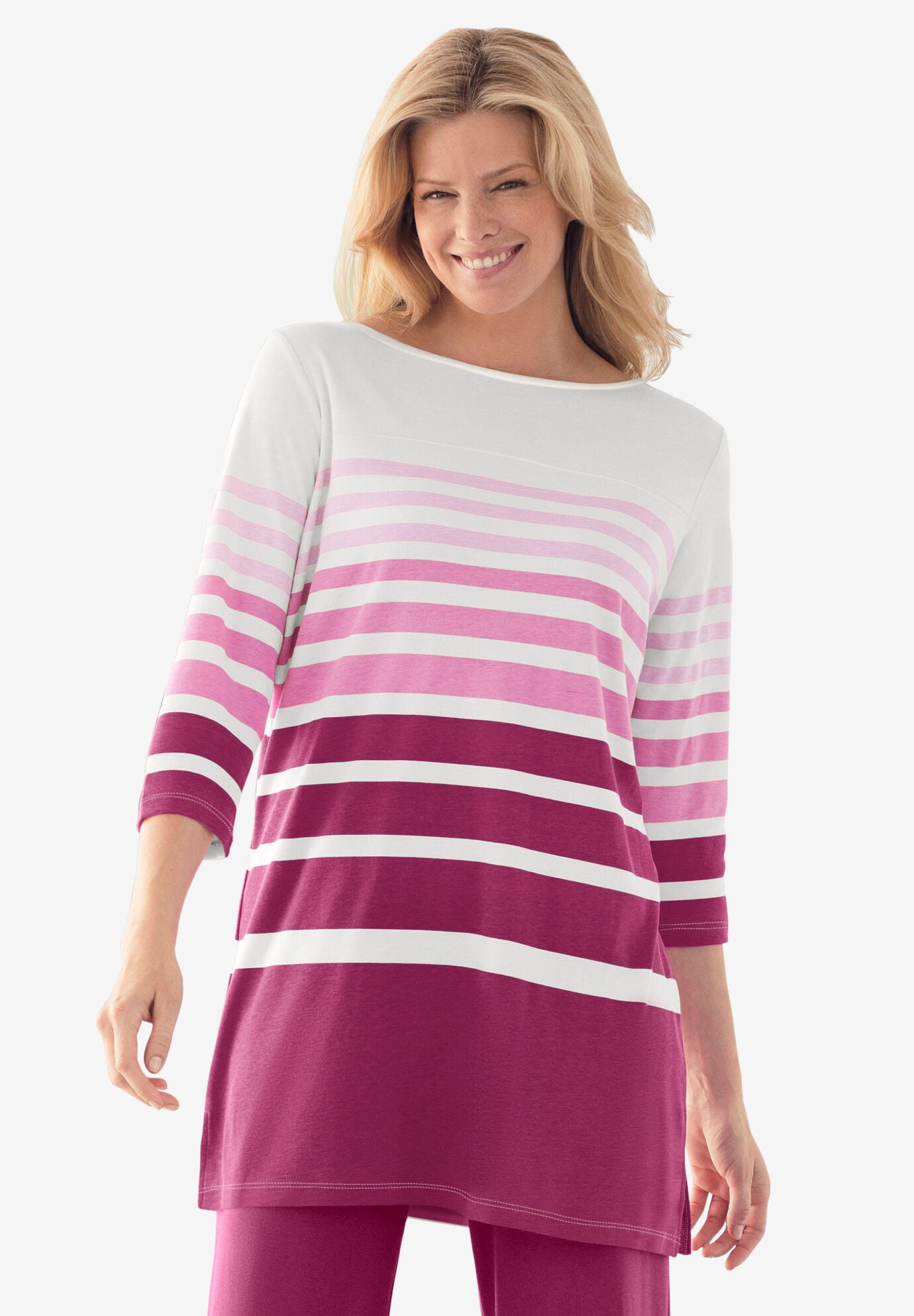 Three-Quarter Sleeve Multi Stripe Tunic, RASPBERRY STRIPE, hi-res image number 0
