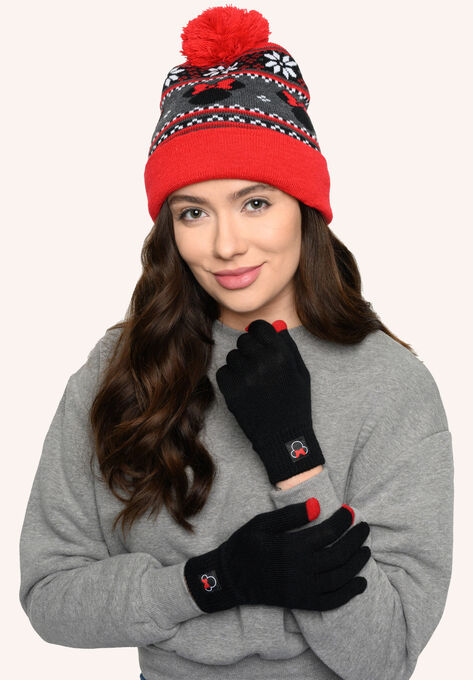 Disney Adult Minnie Mouse Knit Beanie Hat & Texting Gloves Red Gray 2-Pc Set, RED, hi-res image number null