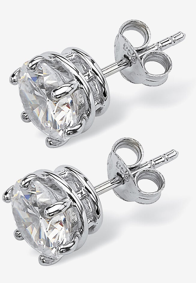 Round Cubic Zirconia Stud Earrings in Platinum over Silver (8.5mm), , on-hover image number 1