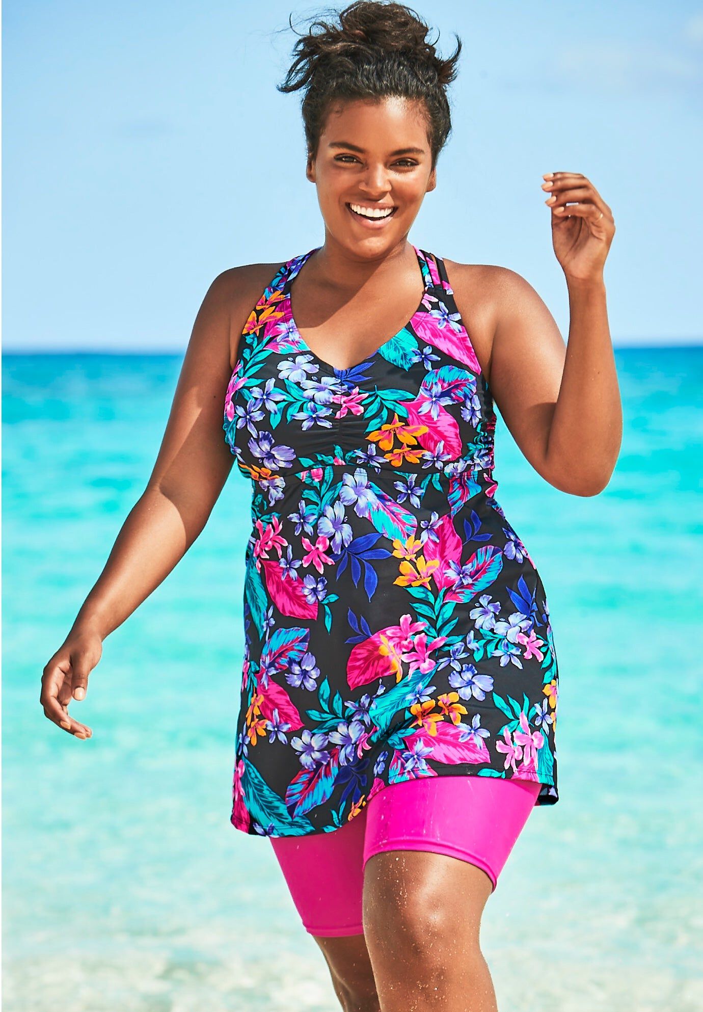 Longer Length Braided Tankini Top, BLACK PARADISE FLORAL, hi-res image number 0