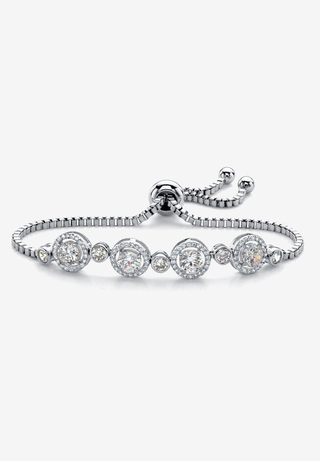 Silvertone Cubic Zirconia Adjustable Slider Drawstring Bracelet 9", SILVER, hi-res image number null
