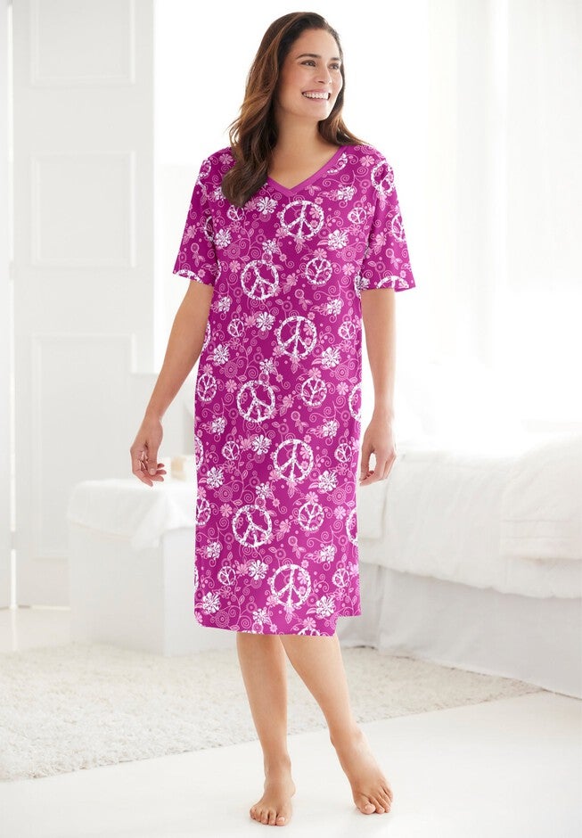 Peace Sign Raspberry Ladies' Print Sleepshirt, Raspberry Peace Sign | Jessica London