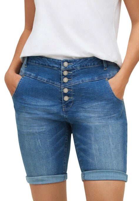 Button-Front Denim Shorts, LIGHT STONEWASH, hi-res image number null
