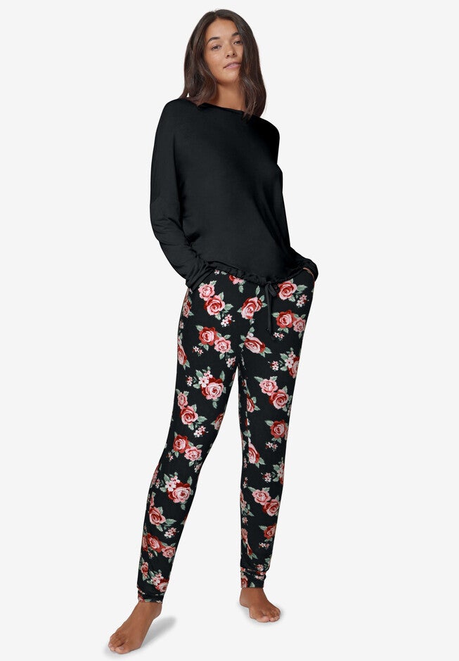 2-Piece Knit Jogger Sleep Set, BLACK FLORAL, hi-res image number null