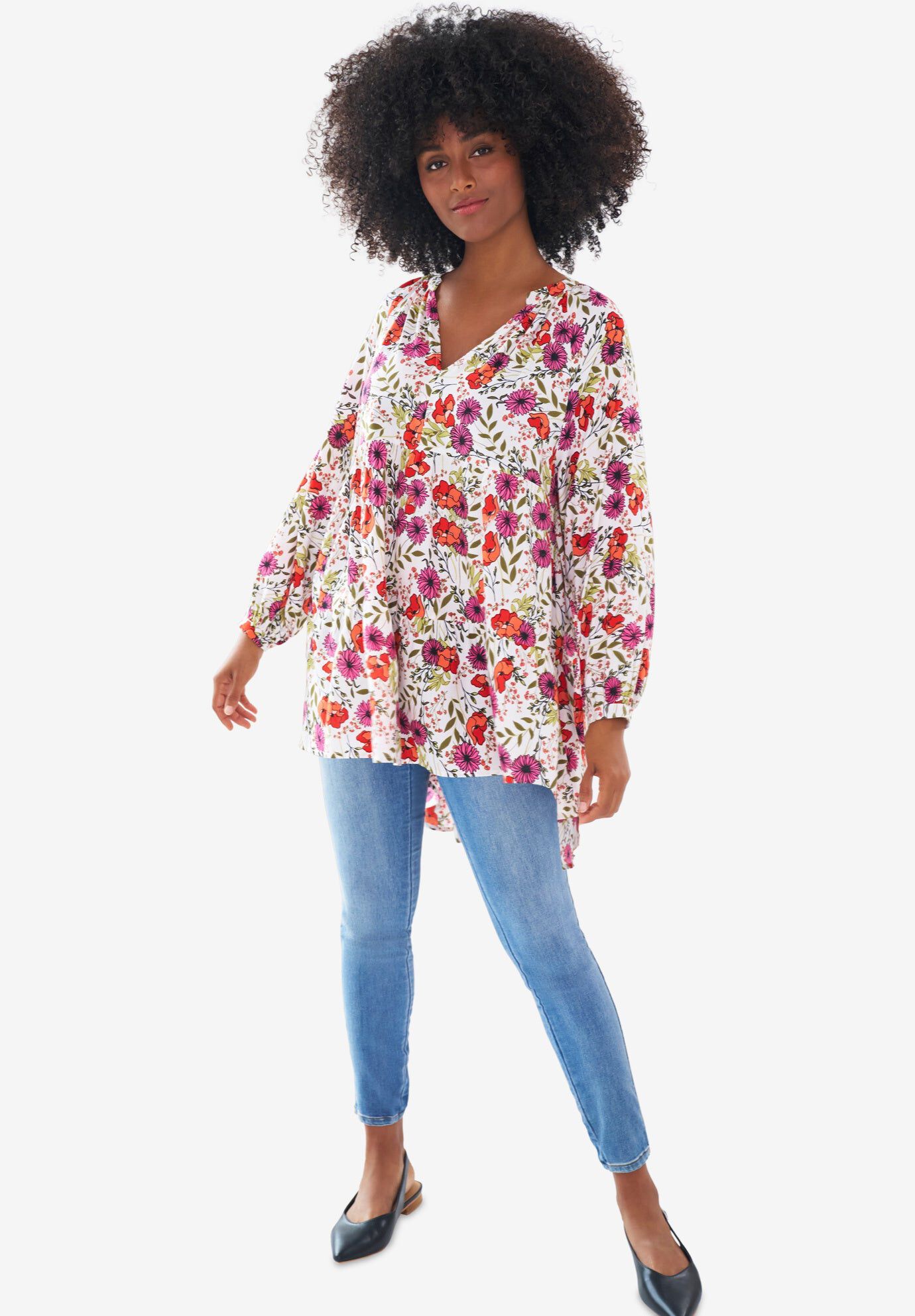 Ladies' Tiered Tunic With Notch V-Neck, White Multi Floral | Jessica London