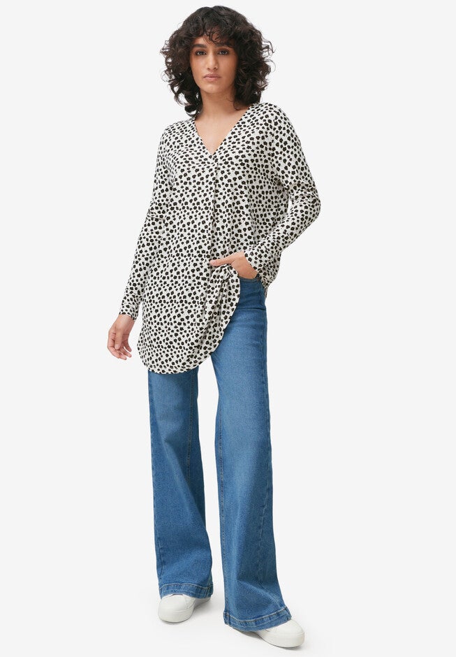 V-Neck Inverted Pleat Tunic, IVORY BLACK FLORAL, hi-res image number 0