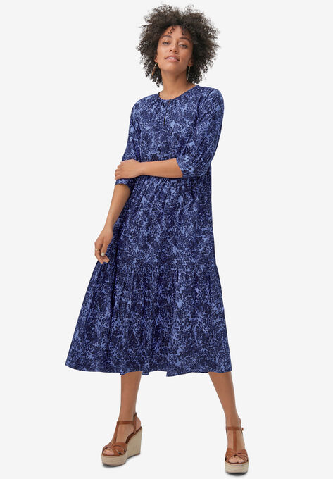 Tiered Cotton Midi Dress, BLUE VIOLET PRINT, hi-res image number null