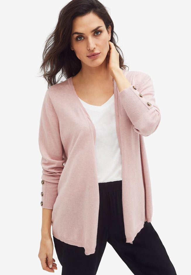 Button-Cuff Cardigan With Belt, ROSE MIST HEATHER, hi-res image number null