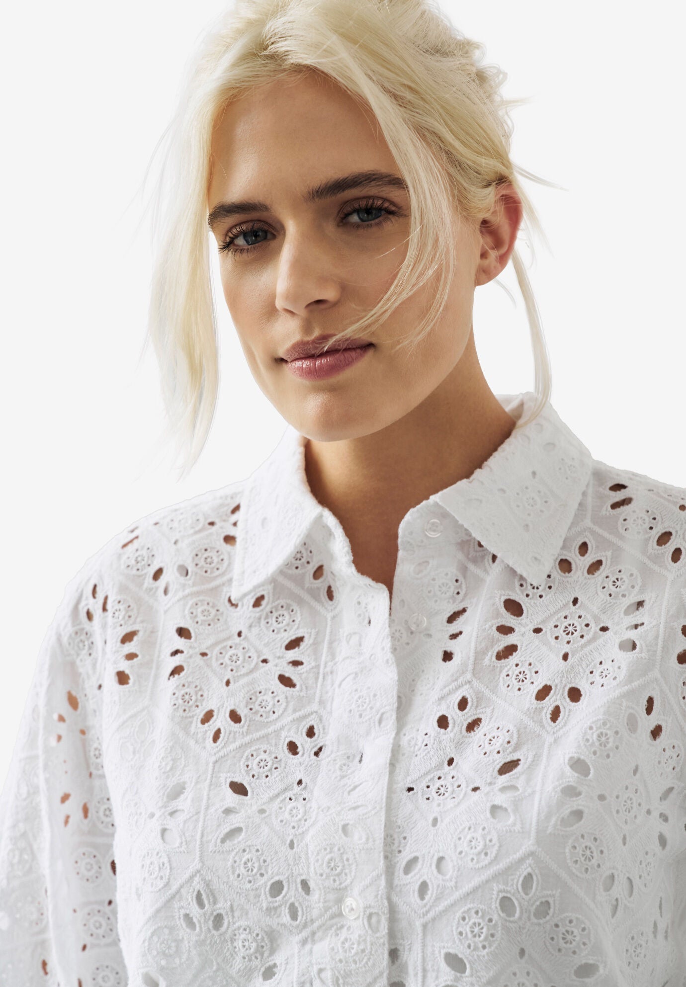 Eyelet Button Front Shirt With Blouson Sleeves, WHITE, alternate image number 2