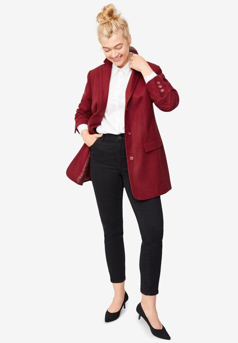 Long Wool Blend Blazer, BURGUNDY, hi-res image number null