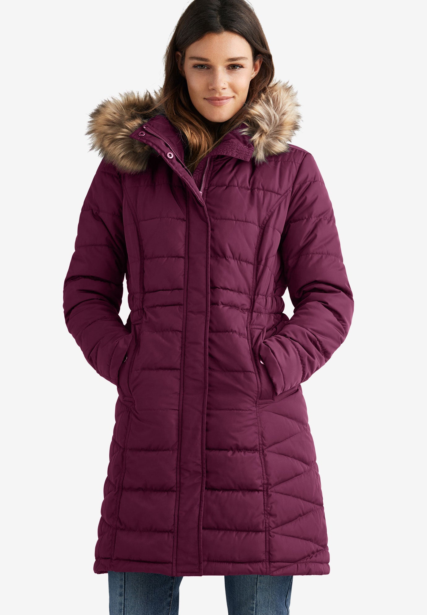 Ladies Faux Fur Trim Puffer Midnight Berry Jessica London