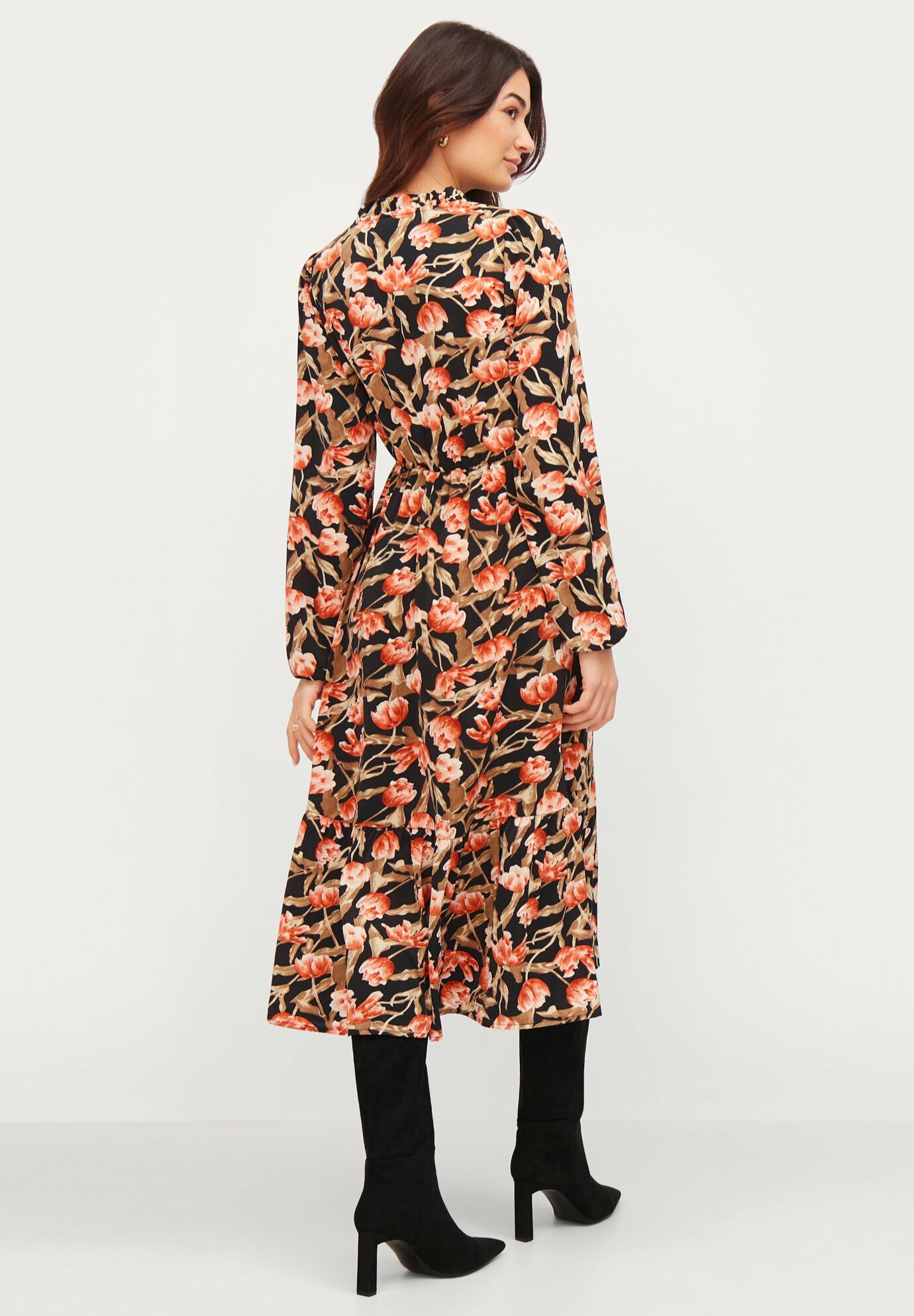 Button Bodice Empire Fit & Flare Dress, BLACK TULIP PRINT, on-hover image number 1