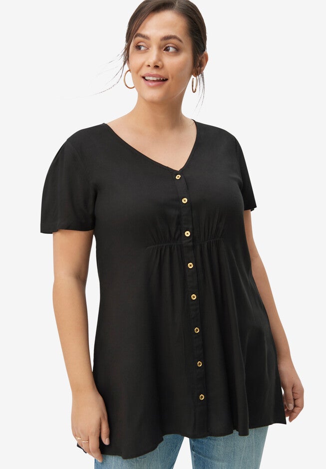V-Neck Button-Front Tunic, BLACK, hi-res image number 0