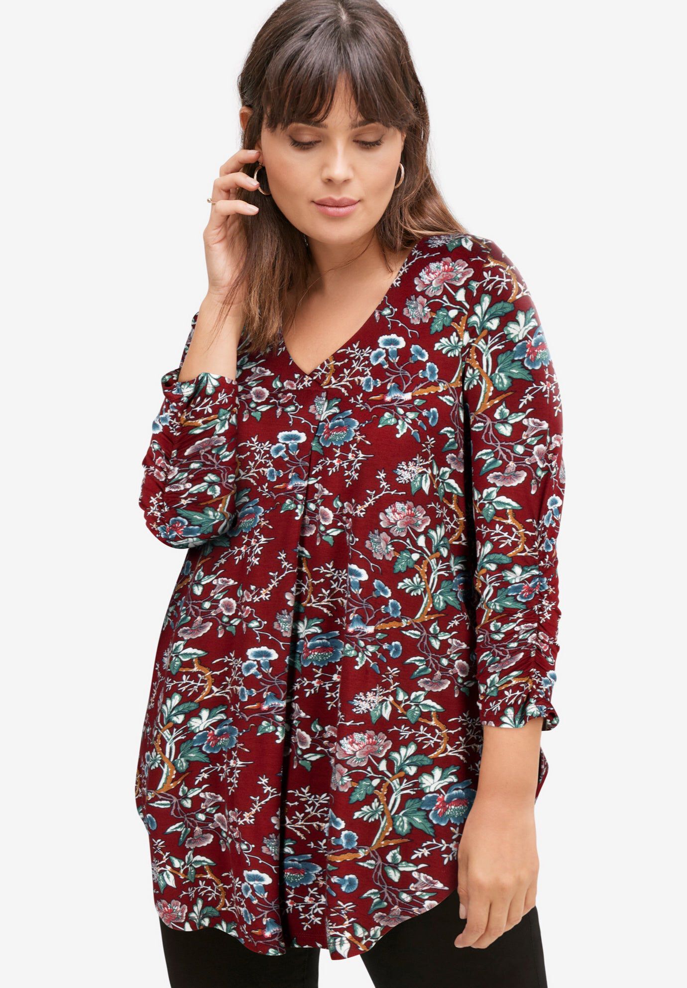 Inverted Front Pleat Tunic, MAROON RED FLORAL, hi-res image number 0