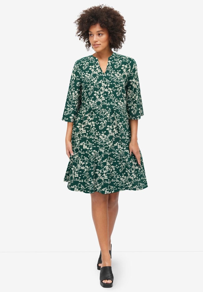 Notch Neckline Tiered A-Line Dress, ROYAL GREEN IVORY FLORAL, hi-res image number null